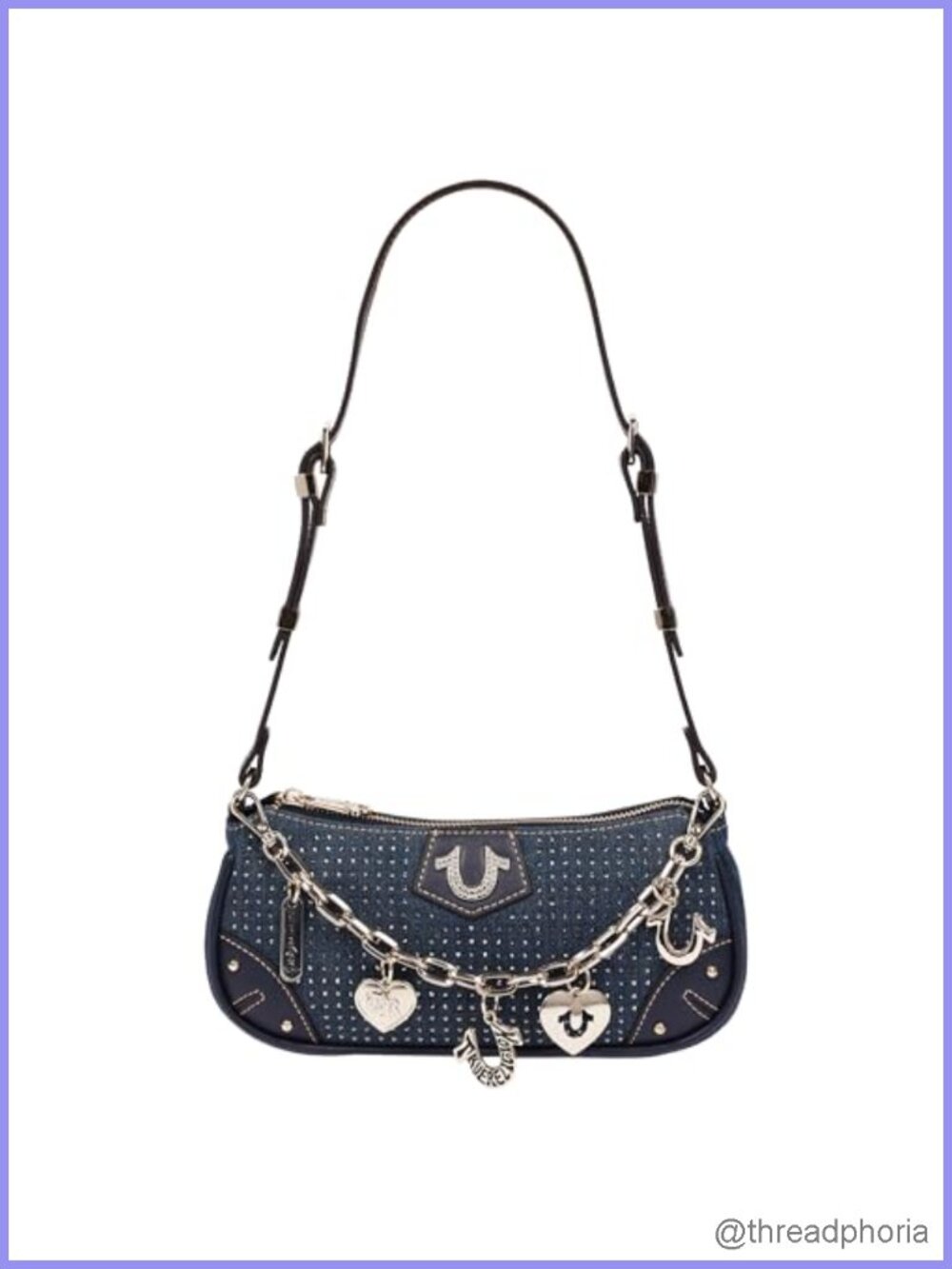 Rhinestone Denim Shoulder Bag Gold Hardware Charm Chain